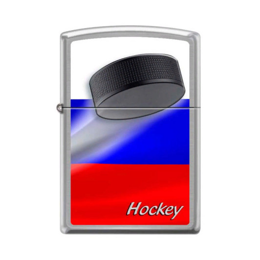 200 Зажигалка ZIPPO RUSSIAN HOCKEY PUCK, латунь/сталь с покрытием Brushed Chrome, триколор