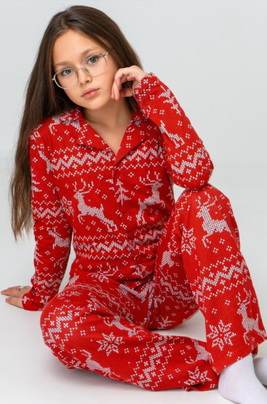 Новогодняя пижама для девочки с брюками и рубашкой Happyfox (красный.олени)