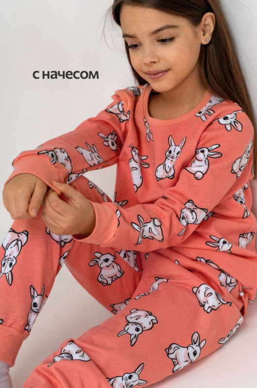 Хлопковая пижама для девочки из футера с начесом Happyfox (коралловый)