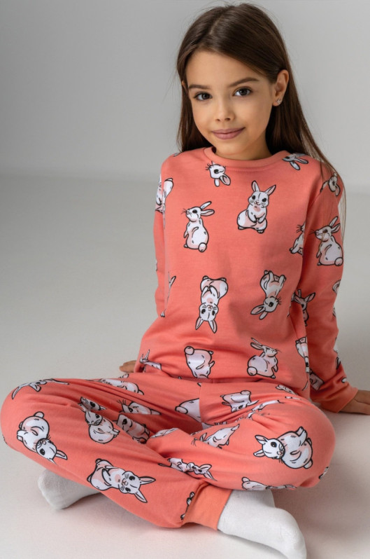 Хлопковая пижама для девочки из футера с начесом Happyfox (коралловый)