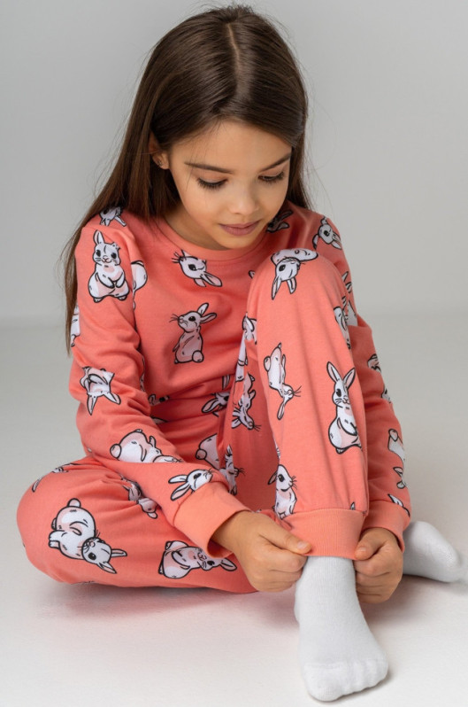 Хлопковая пижама для девочки из футера с начесом Happyfox (коралловый)